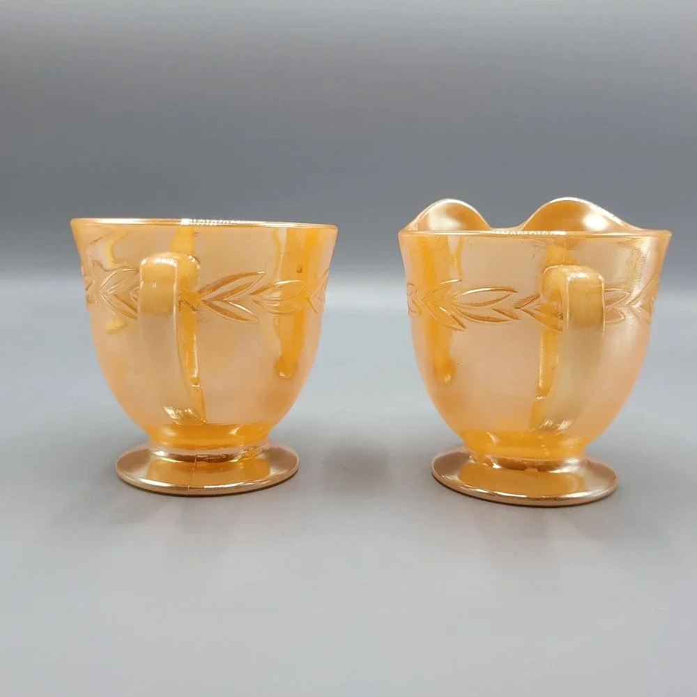 Vintage Orange Lustre Fire King Creamer & Sugar Set Laurel Leaf Glass Oven Ware
